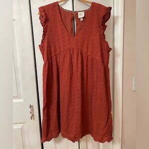 Knox Rose women's dress in burnt orange with a V-neck and ruffle sleeves XL NWT